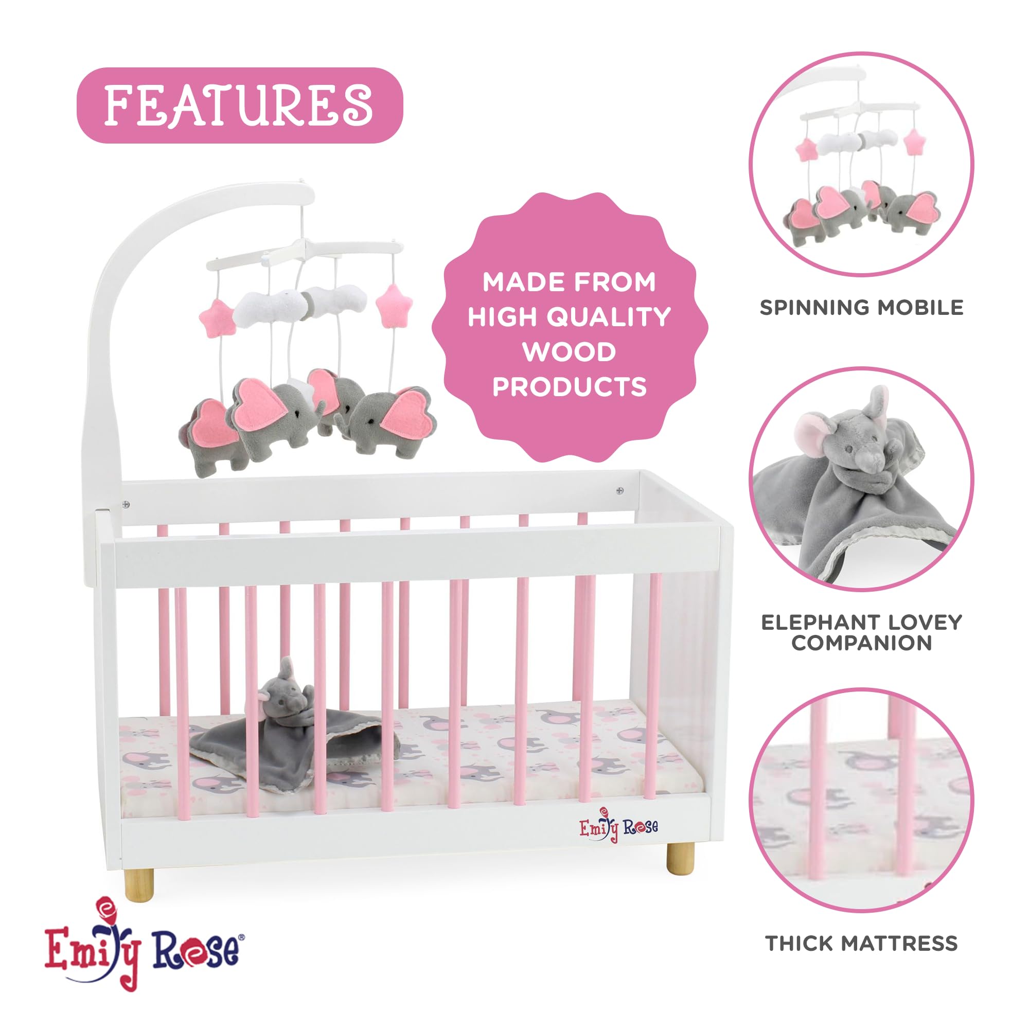 Cuna de Madera para Muñecas Bebé Emily Rose con Elefante de - Imagen 4