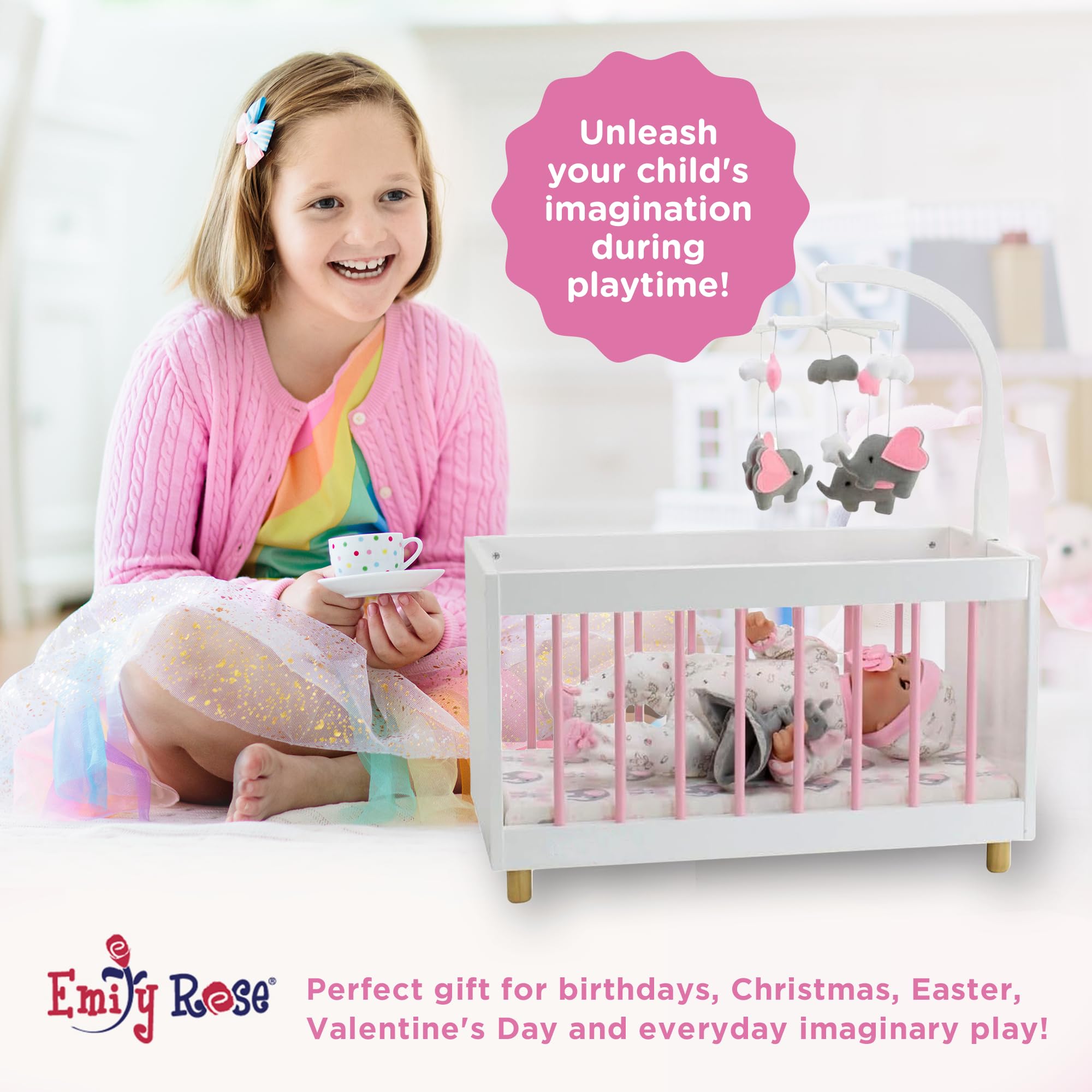 Cuna de Madera para Muñecas Bebé Emily Rose con Elefante de - Imagen 3