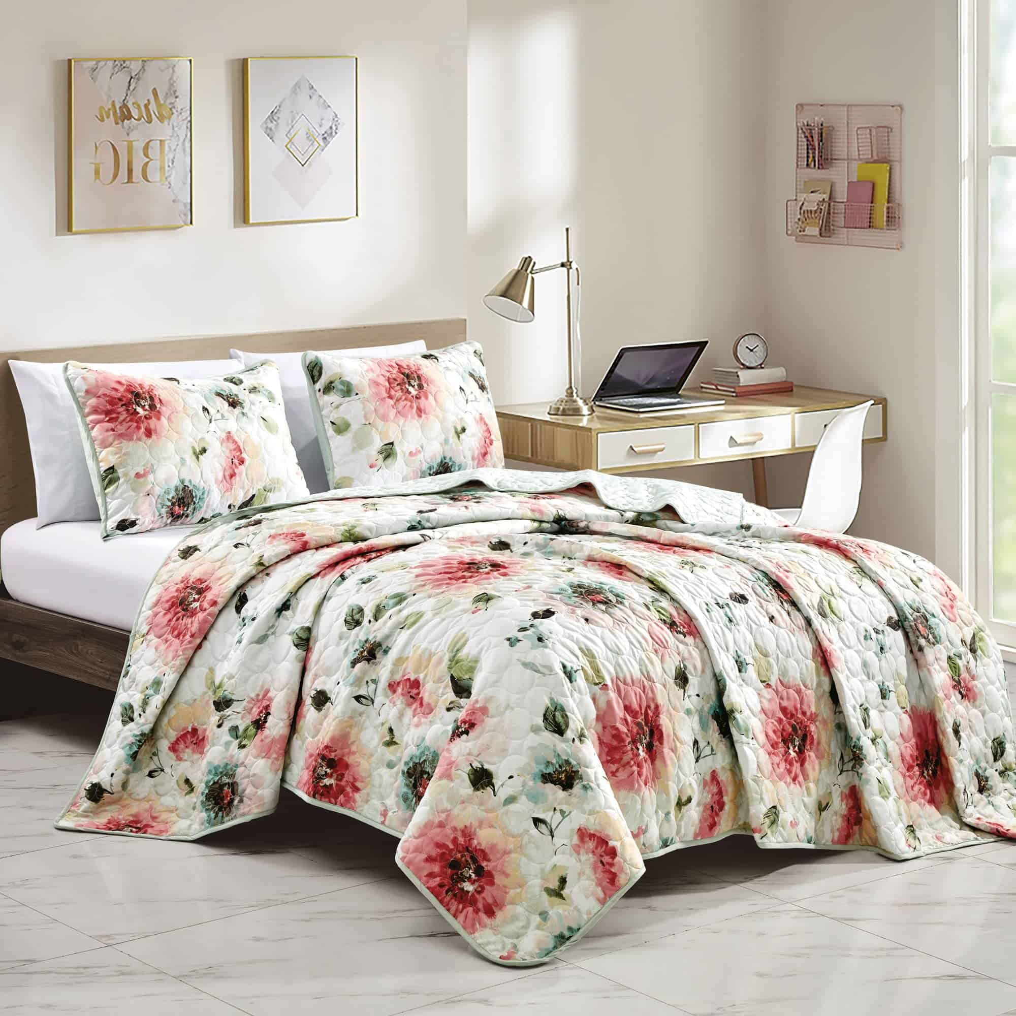 Juego de Colcha Floral Reversible ESCA de 3 Piezas Blanco