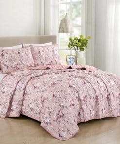 Colcha Floral Rosa Reversible de 3 Piezas, Set de Colcha