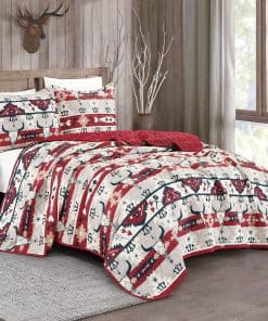 Juego de Colcha 3 Piezas Mazhira Rojo y Azul con Cráneo de