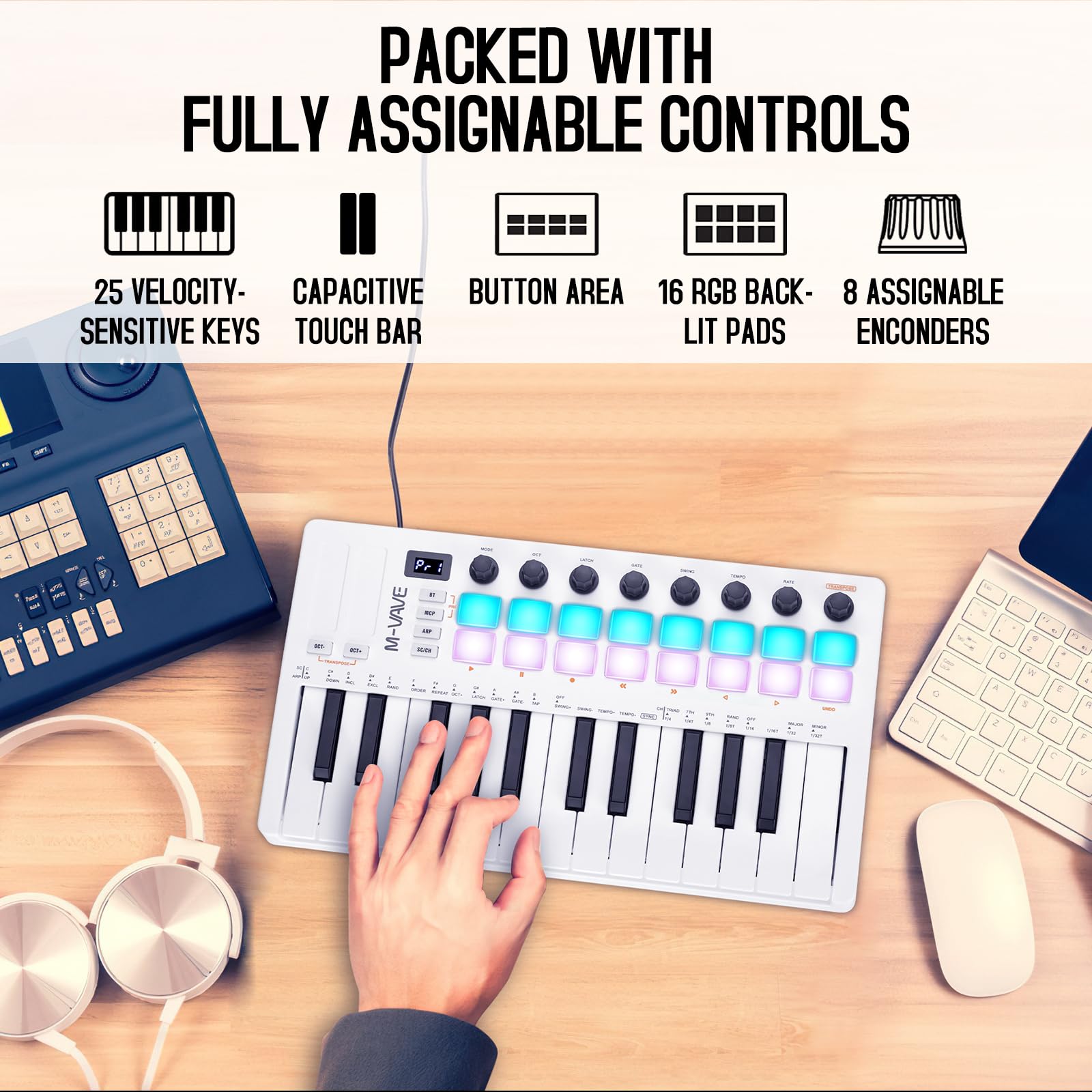 Controlador de teclado MIDI USB de 25 teclas M-WAVE con 16 - Imagen 4