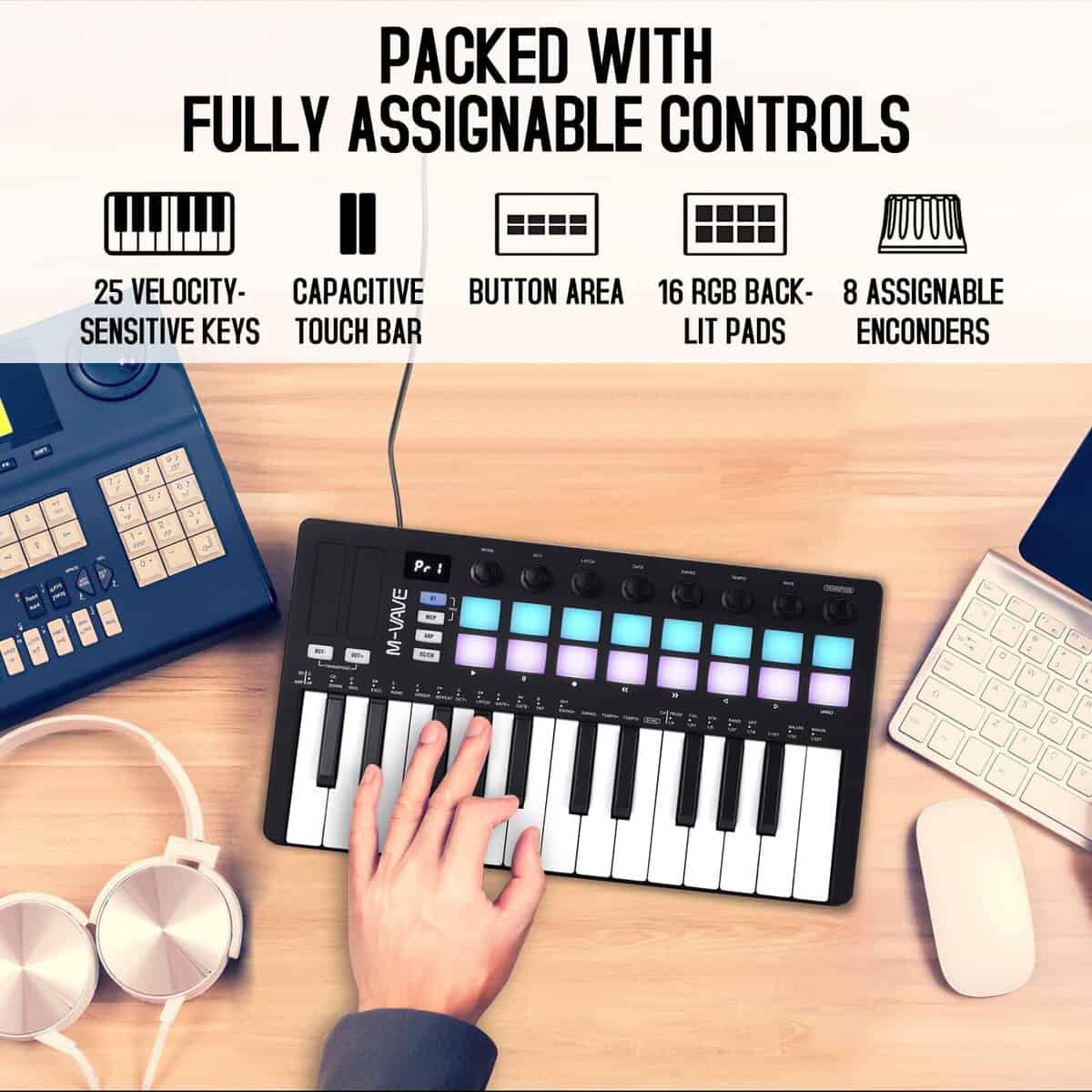 Controlador de teclado MIDI USB de 25 teclas M-WAVE con 16 - Imagen 4