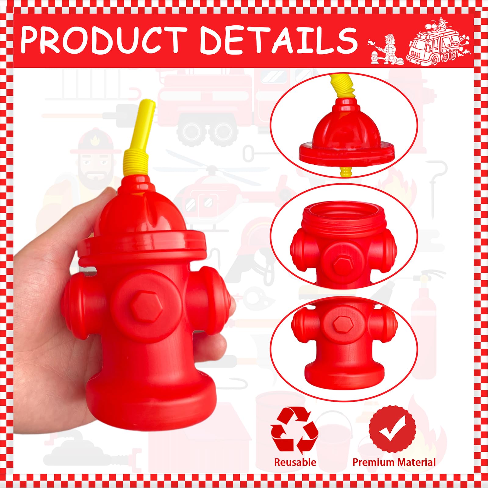 24Pcs Vasos con Pajita de Hidrante de Bomberos con Tapas - Imagen 4