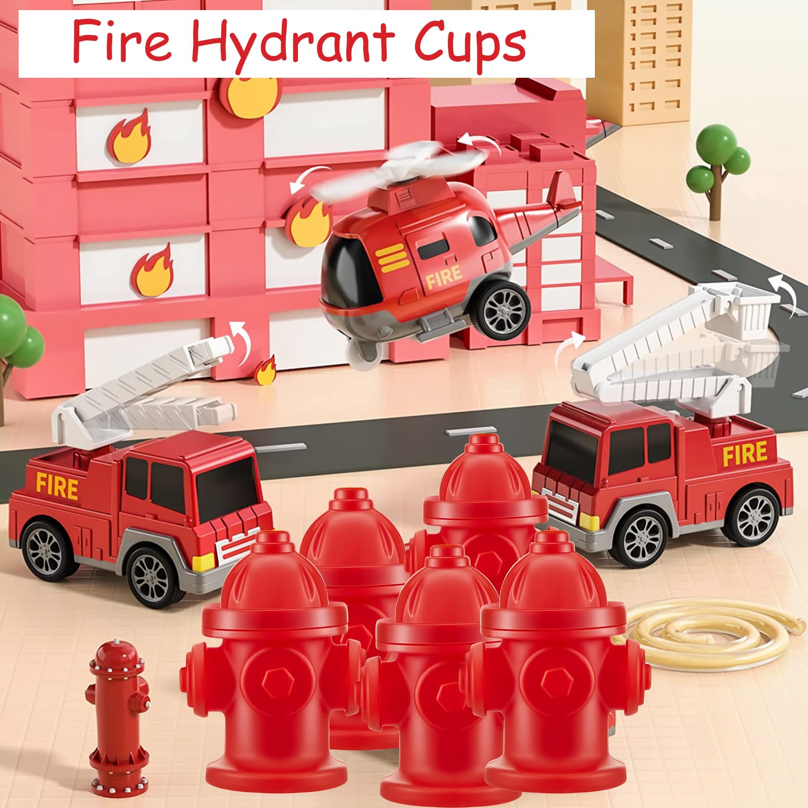 24Pcs Vasos con Pajita de Hidrante de Bomberos con Tapas - Imagen 5