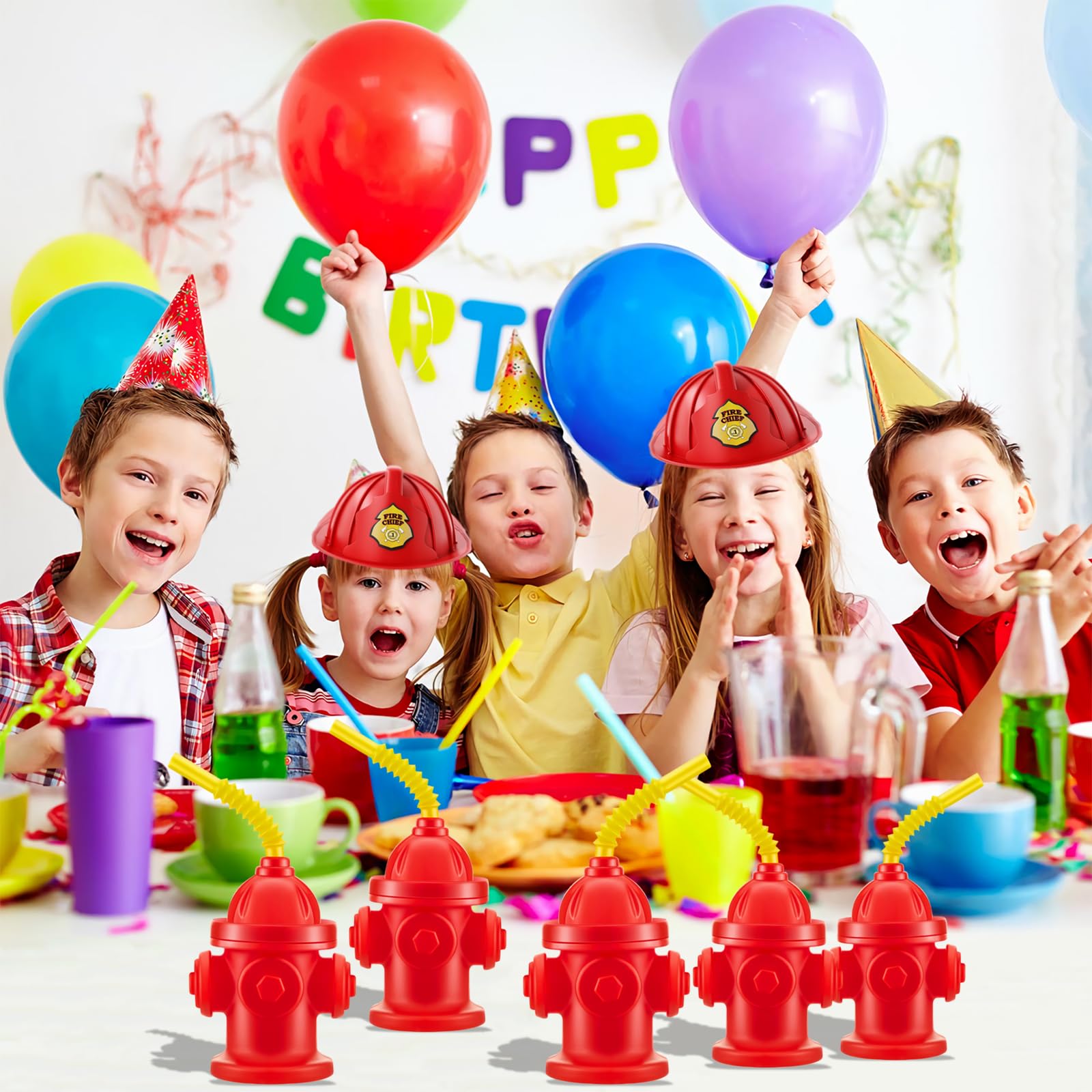 24Pcs Vasos con Pajita de Hidrante de Bomberos con Tapas - Imagen 7