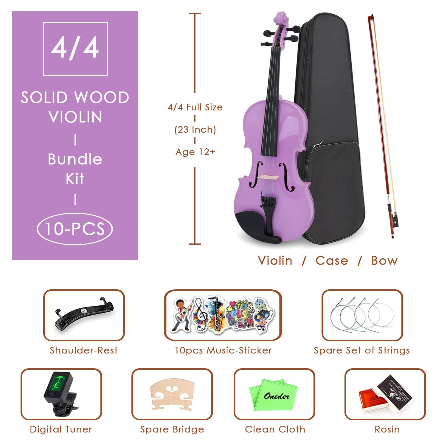 Set de Violín Oneder 4/4 Rainbow Tamaño Completo para - Imagen 3