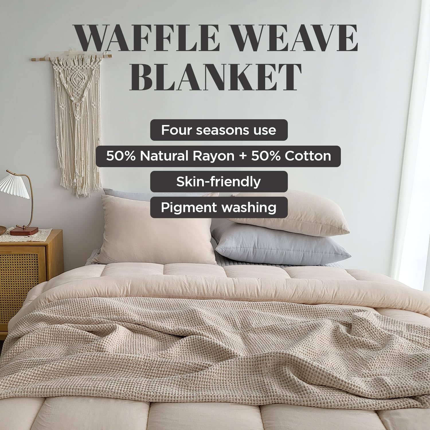 Cobertor de Cama de Tela de Gofre de Enfriamiento, Beige - Imagen 3
