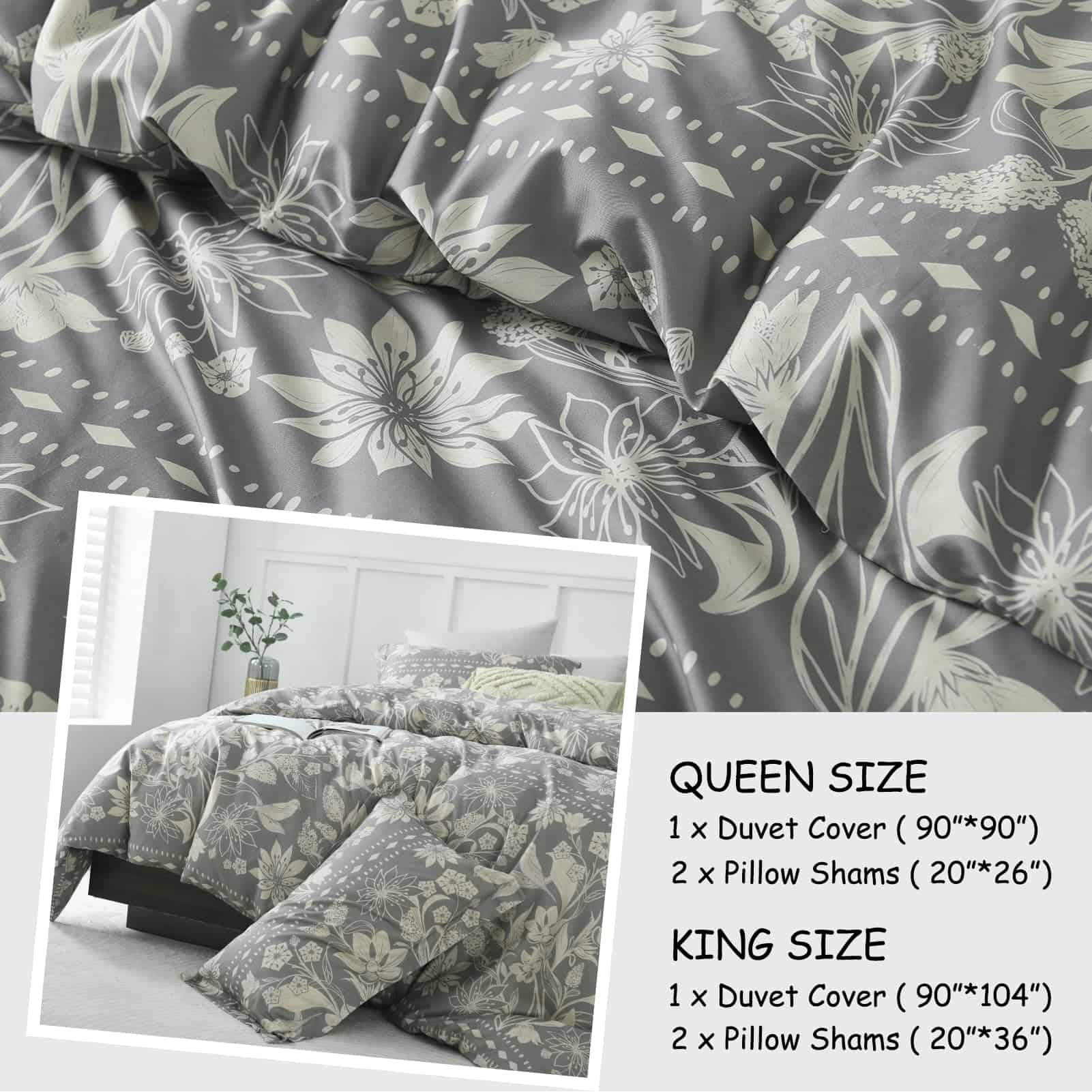Conjunto de Funda nórdica Floral Bedduvit King - Gris, - Imagen 5