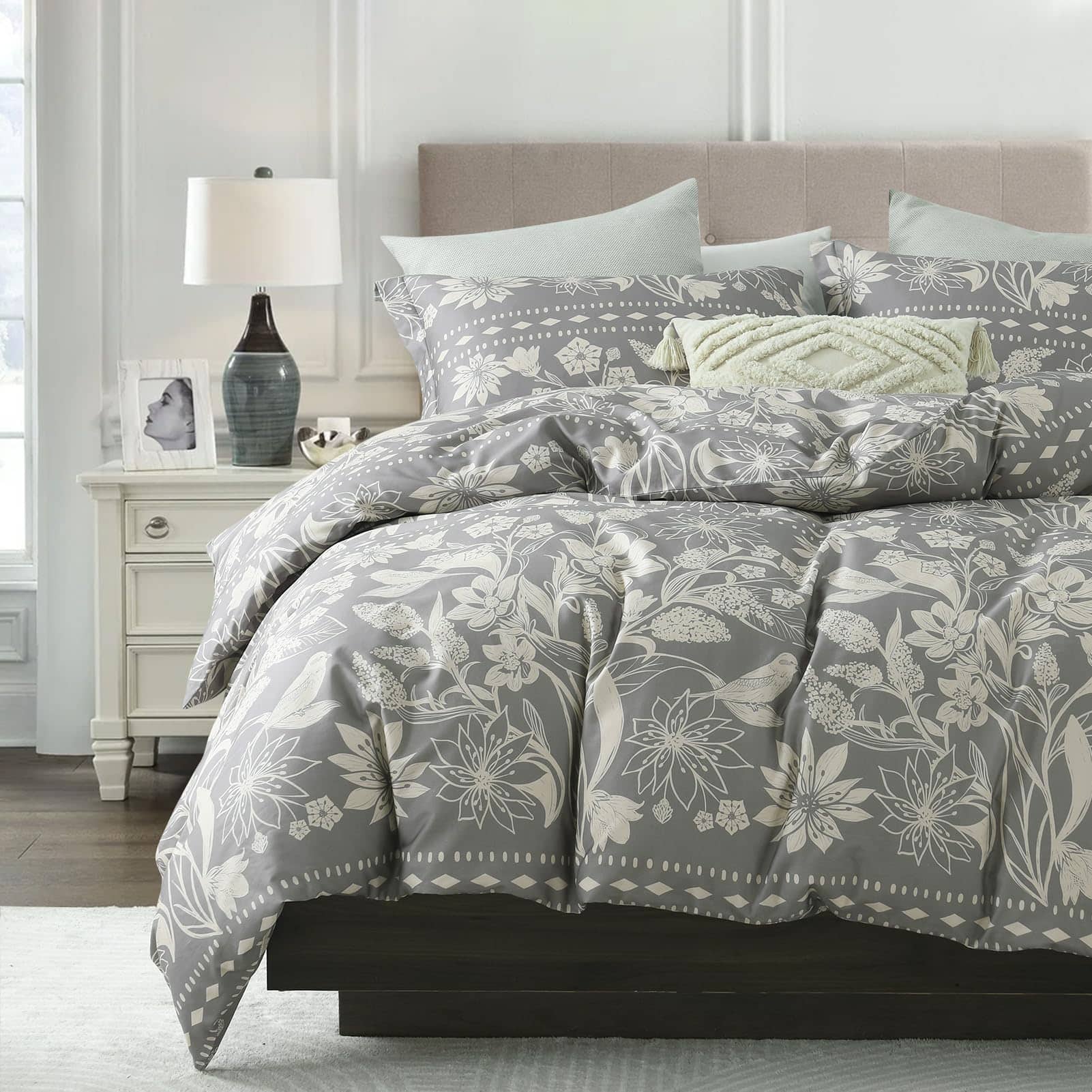 Conjunto de Funda nórdica Floral Bedduvit King - Gris,