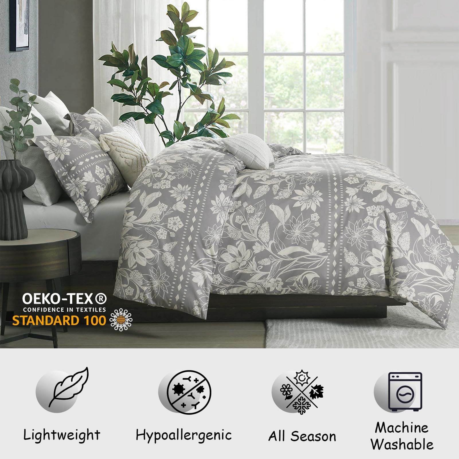 Conjunto de Funda nórdica Floral Bedduvit King - Gris, - Imagen 3