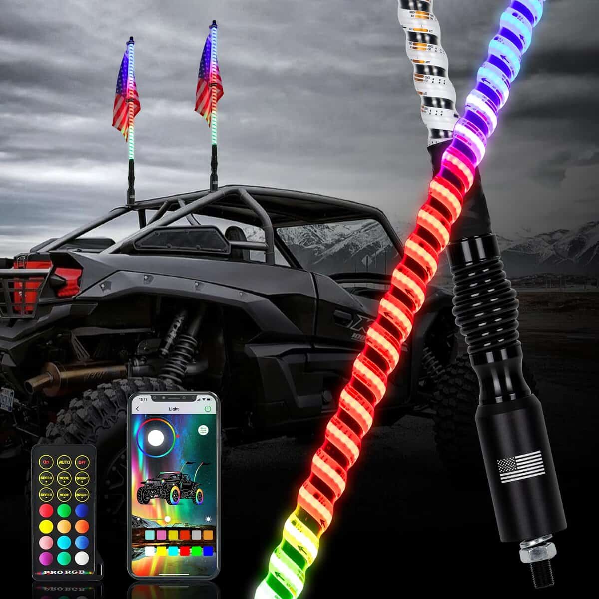 2PCS 3FT Luces de Látigo LED Blanco Fantasía Espiral RGB