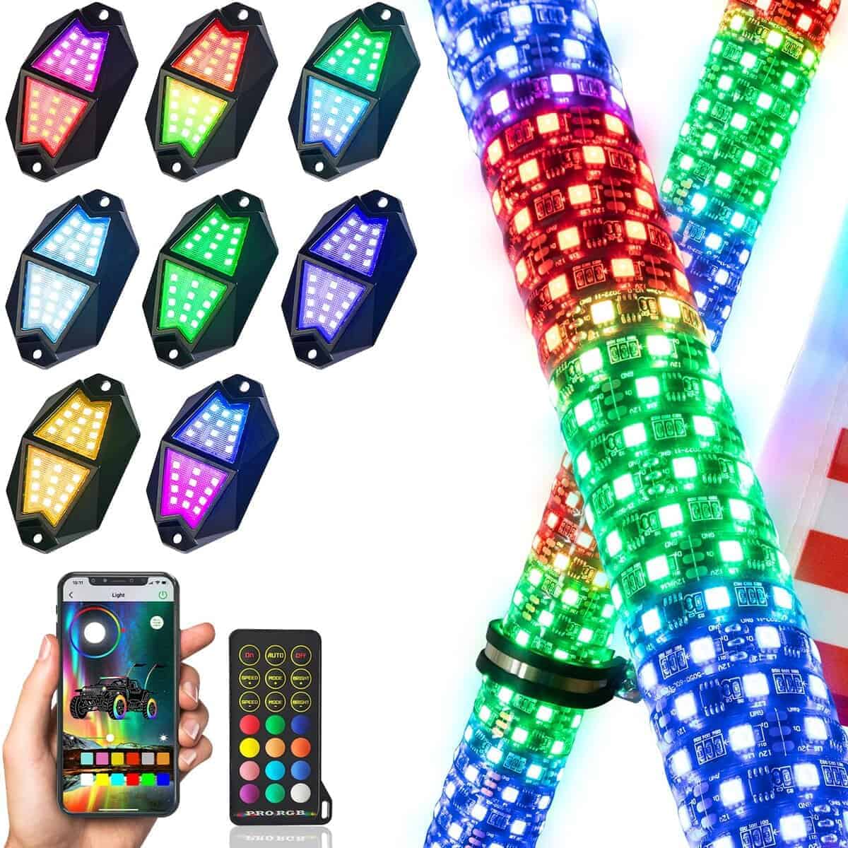 Juego de 2 luces de látigo graso de 2FT y 8 luces de roca