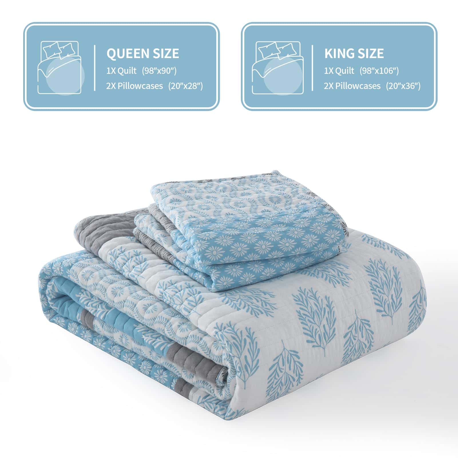 Colcha Patchwork Floral KALOOLA Azul Claro Tamaño Queen, - Imagen 6