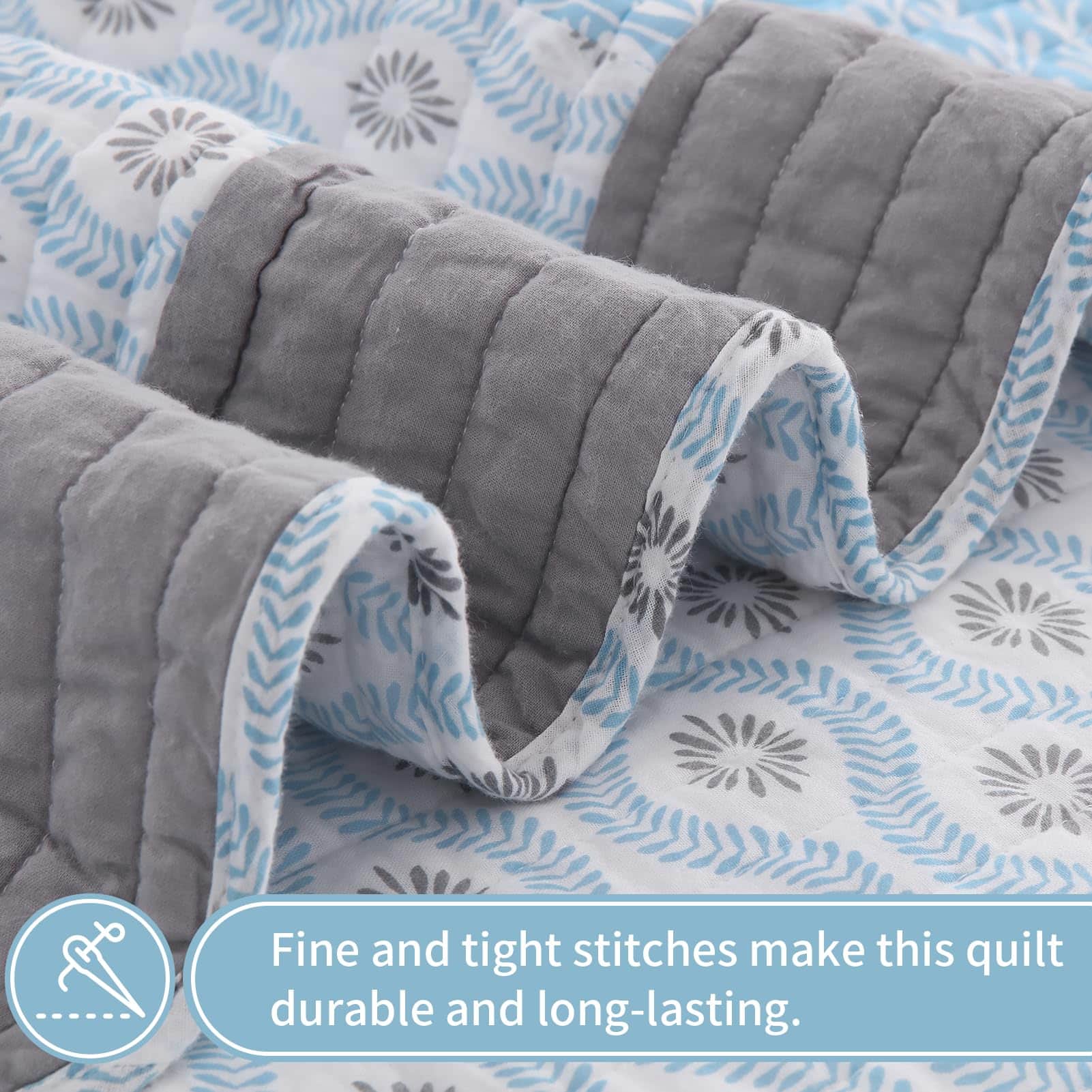 Colcha Patchwork Floral KALOOLA Azul Claro Tamaño Queen, - Imagen 5