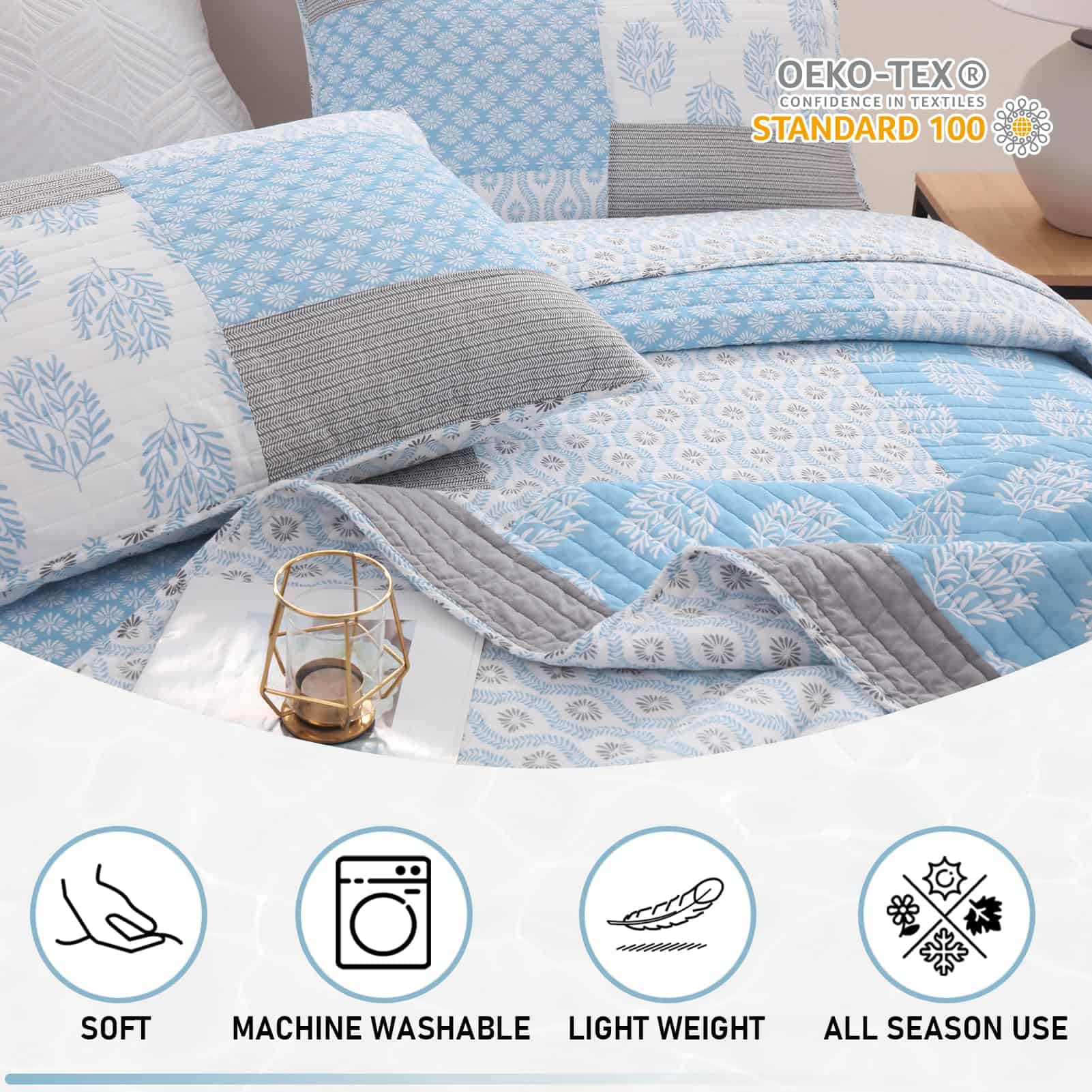 Colcha Patchwork Floral KALOOLA Azul Claro Tamaño Queen, - Imagen 7