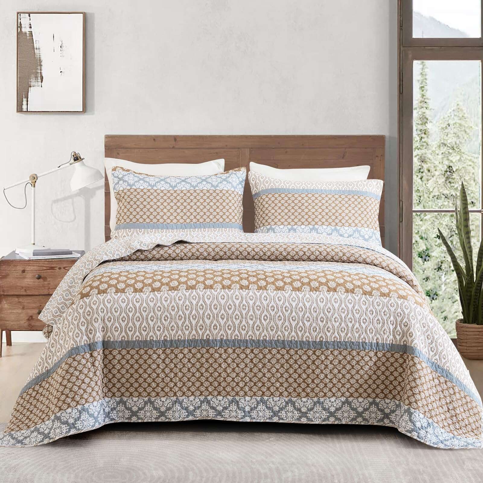 Colchas Queen Size KALOOLA Marrón, 100% Algodón, Cubrecamas