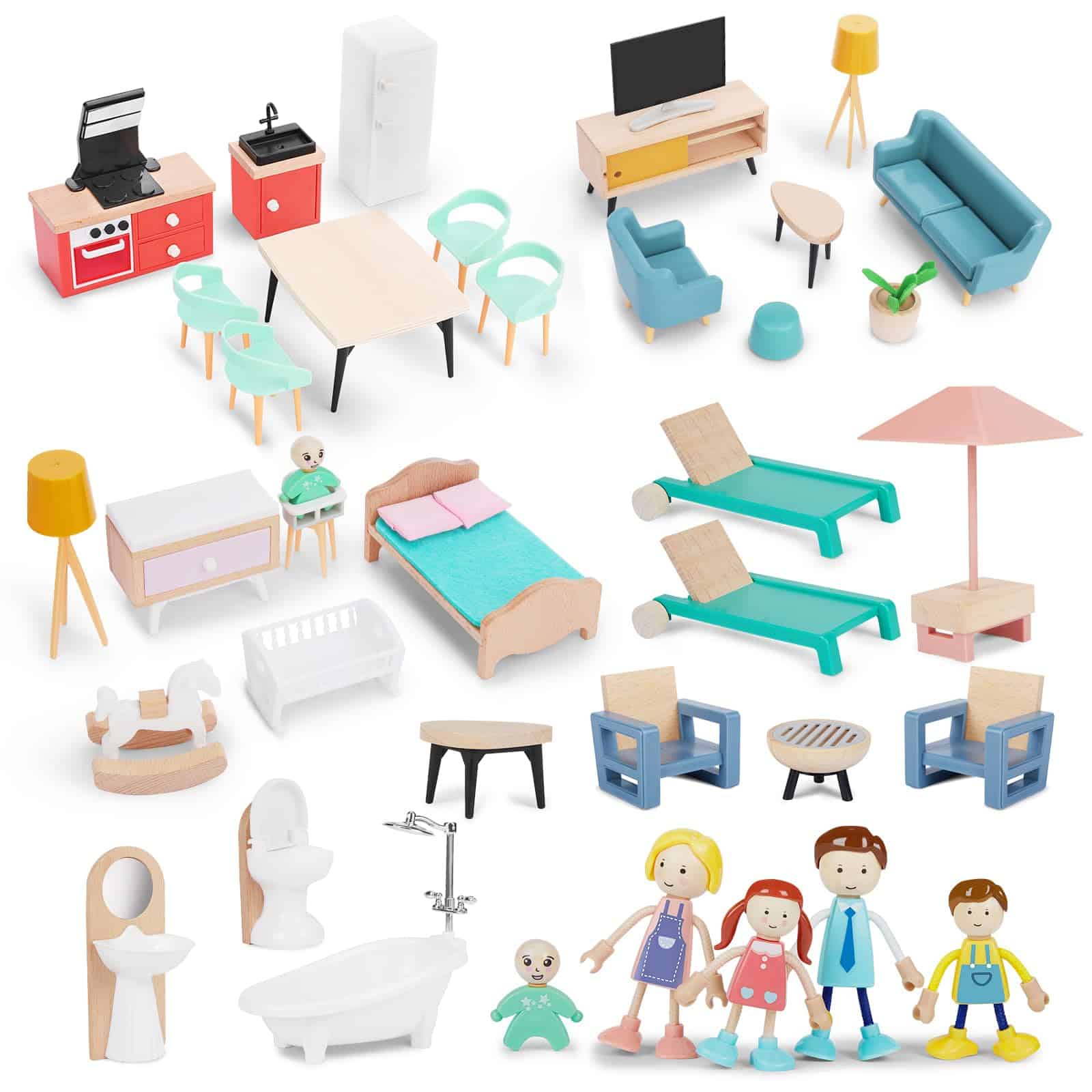 Set de Muebles de Casa de Muñecas de Madera, 43 Piezas de