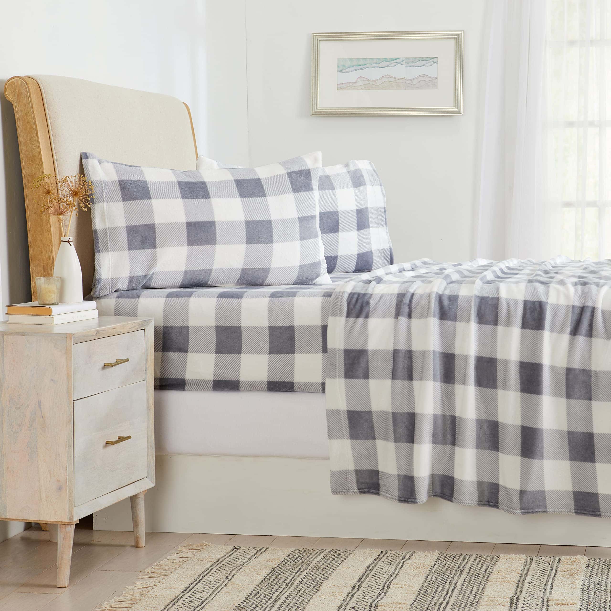 Juego de sábanas de microfelpa ultra suave -Gris/Blanco