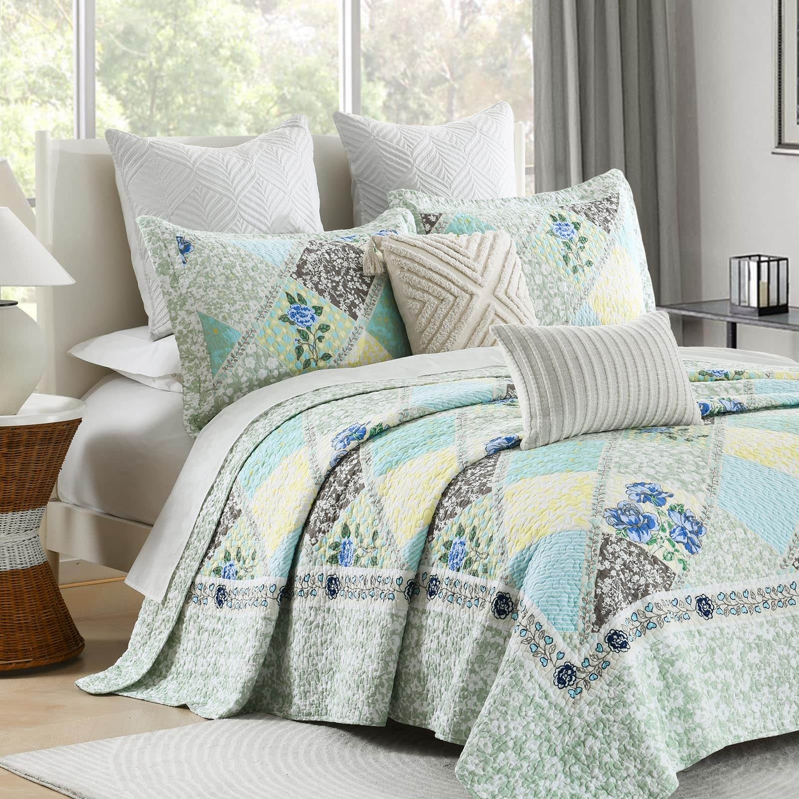 Colcha extragrande de 102x120 pulgadas - -Verde/Azul