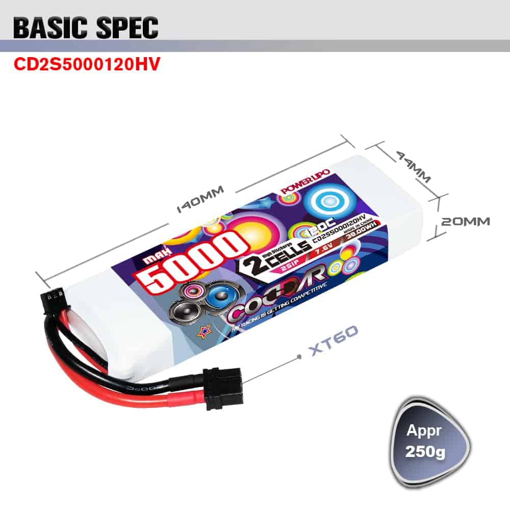 Batería LiPo CODDAR 5000mAh 2S 7.6V 120C con Conector XT60 - Imagen 5