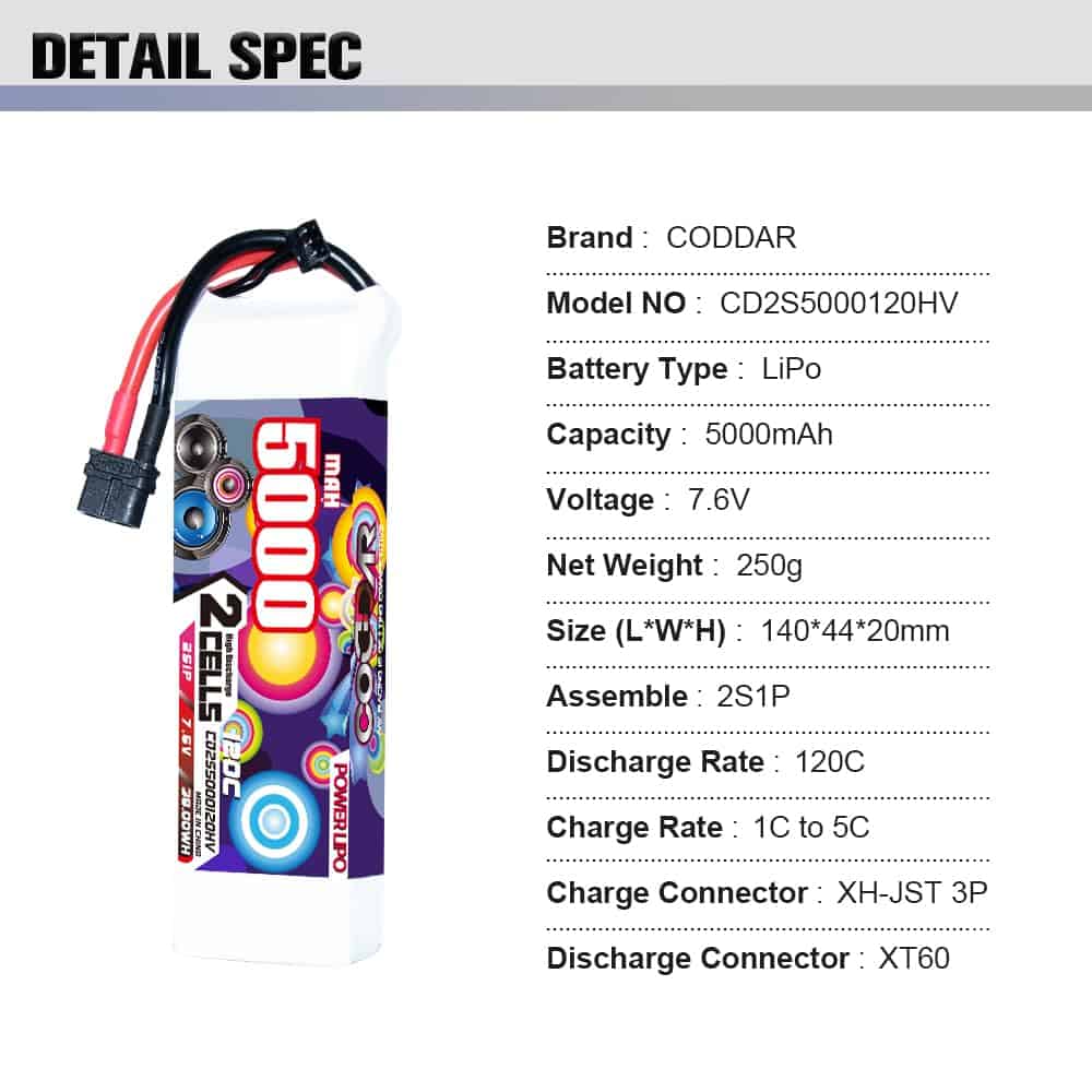 Batería LiPo CODDAR 5000mAh 2S 7.6V 120C con Conector XT60 - Imagen 4