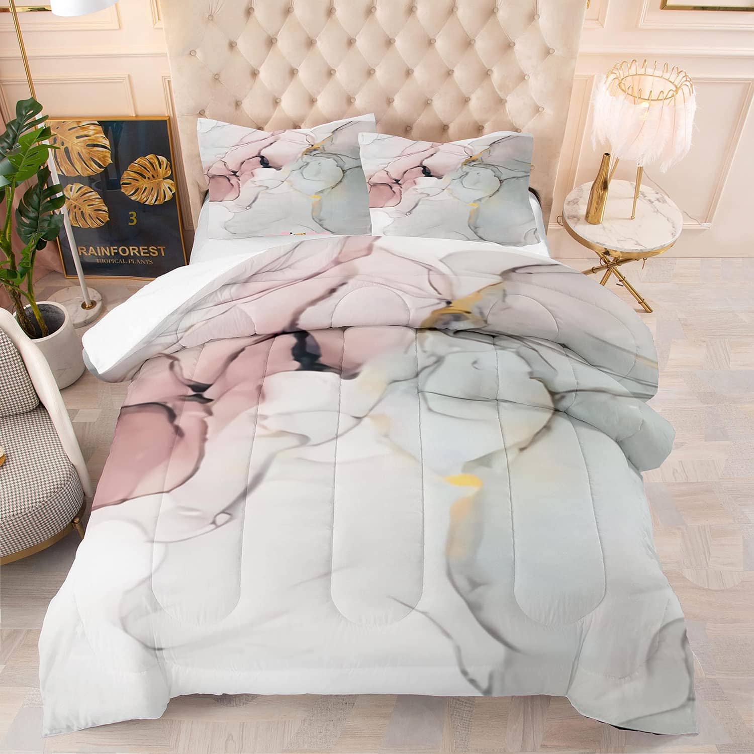 Juego de Ropa de Cama BIVVI Mármol Blanco Gris Rosa para