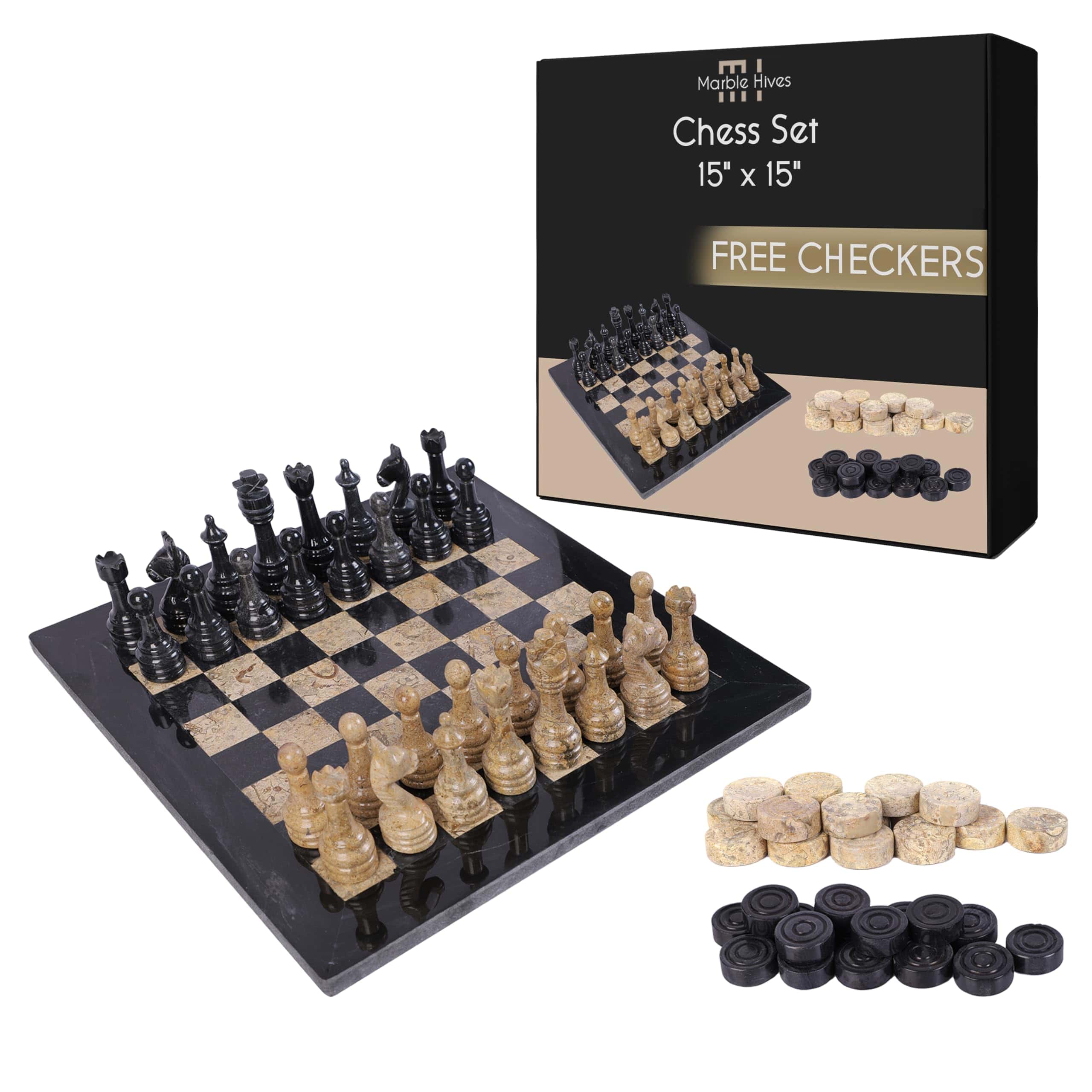 Juego de ajedrez de mármol de lujo de 15 -Negro y Coral
