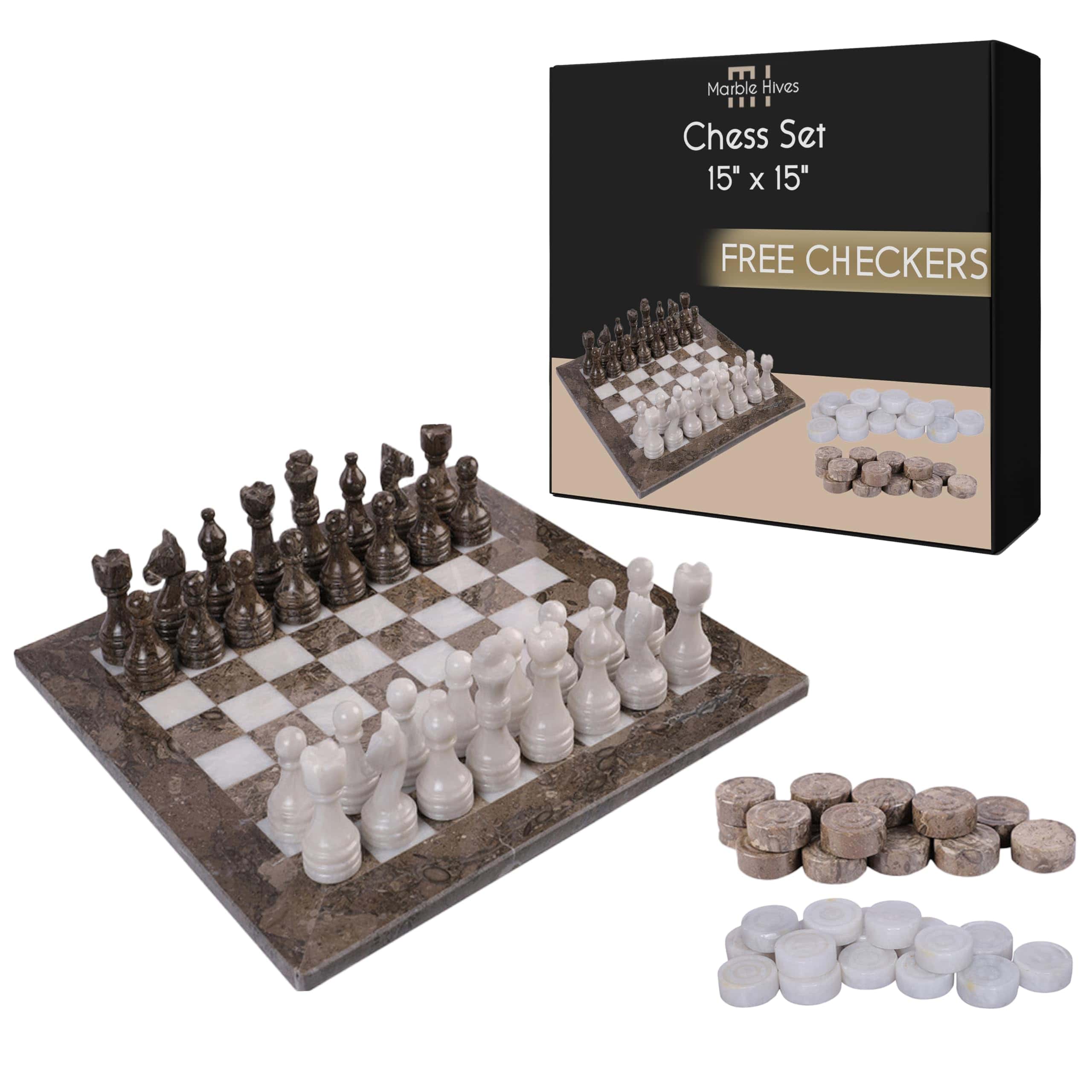 Juego de Ajedrez de Mármol de 15 Pulgadas de -Gris y Blanco