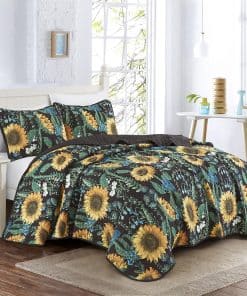 Colcha Reversible de Girasoles Amarillos, Negro y Verde de