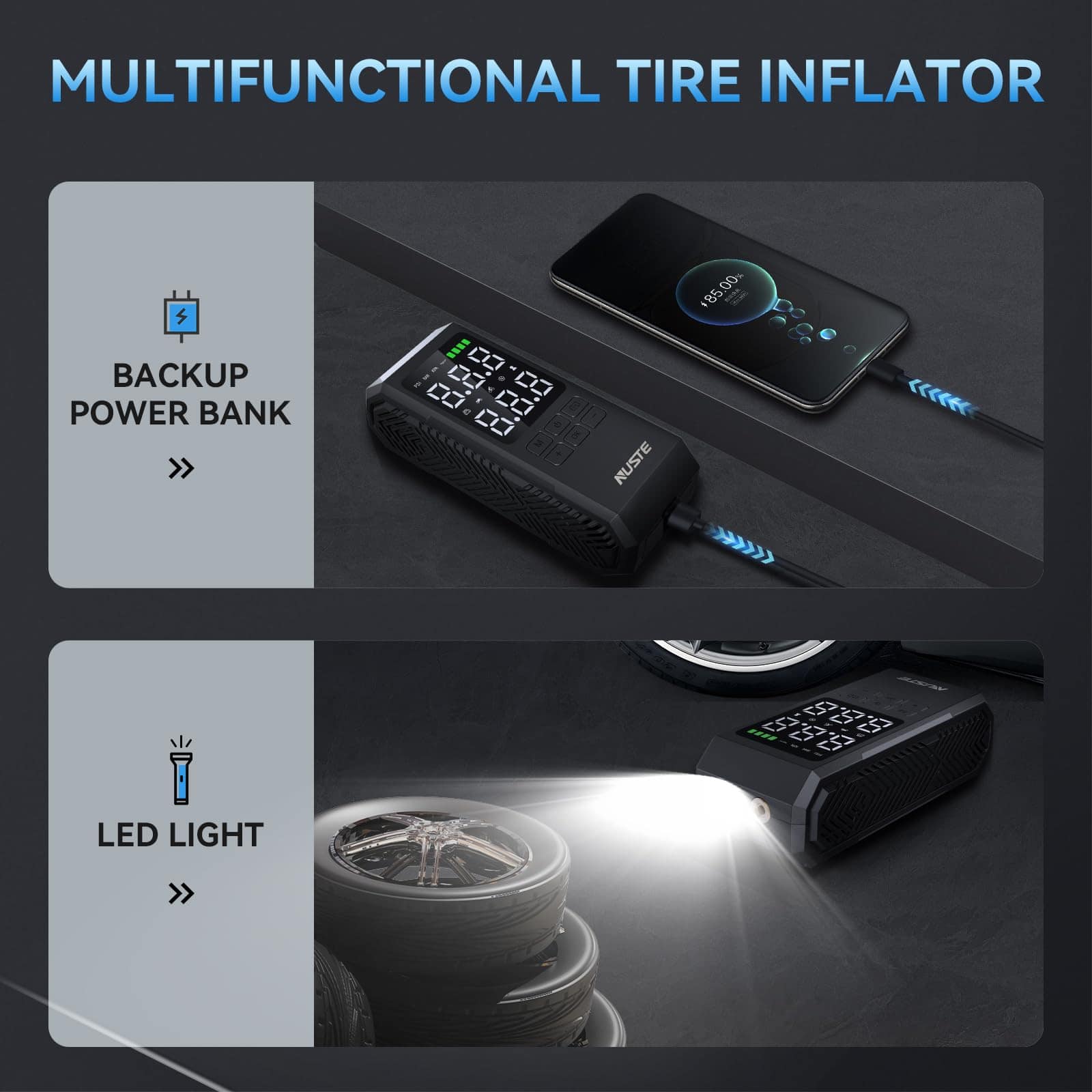 Compresor de aire portátil NUSTE para neumáticos, 150PSI - Imagen 7