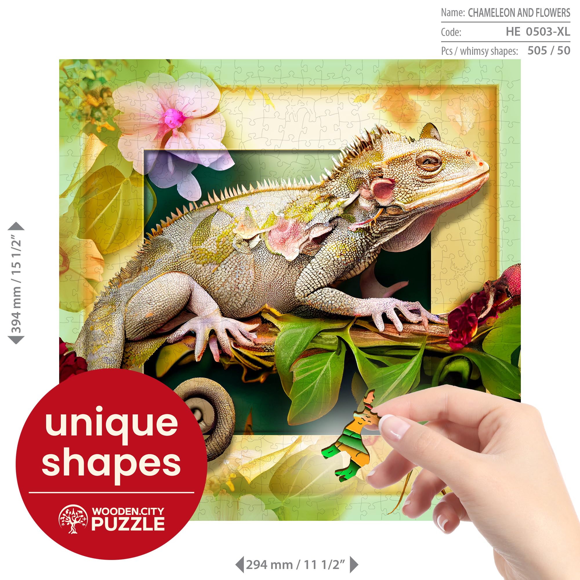Rompecabezas de madera WOODEN.CITY Camaleón y Flores 500 - Imagen 3