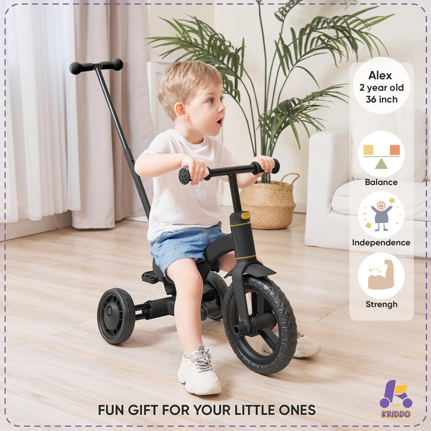 Triciclo para niños KRIDDO 4 en 1 para 1.5 -Negro - Imagen 5