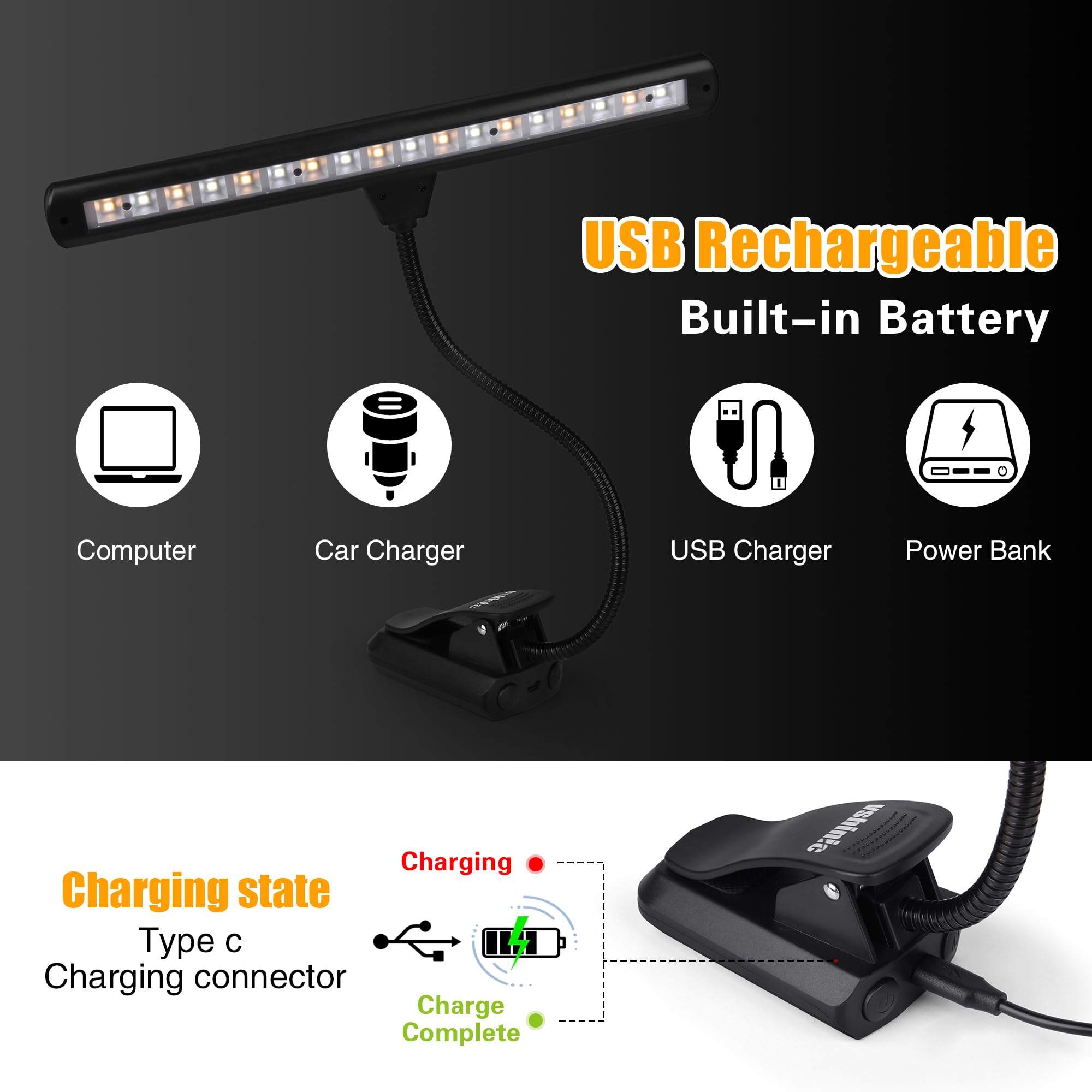 Luz de Soporte Musical Clip On Vshinic, 18 LED Recargable, - Imagen 7