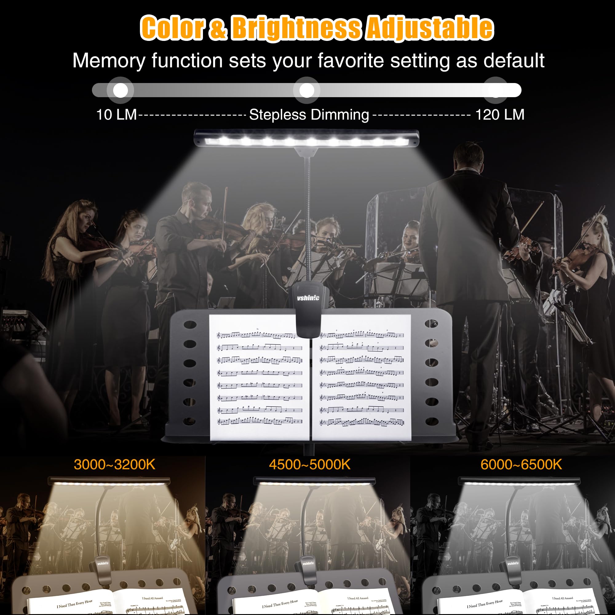 Luz de Soporte Musical Clip On Vshinic, 18 LED Recargable, - Imagen 3