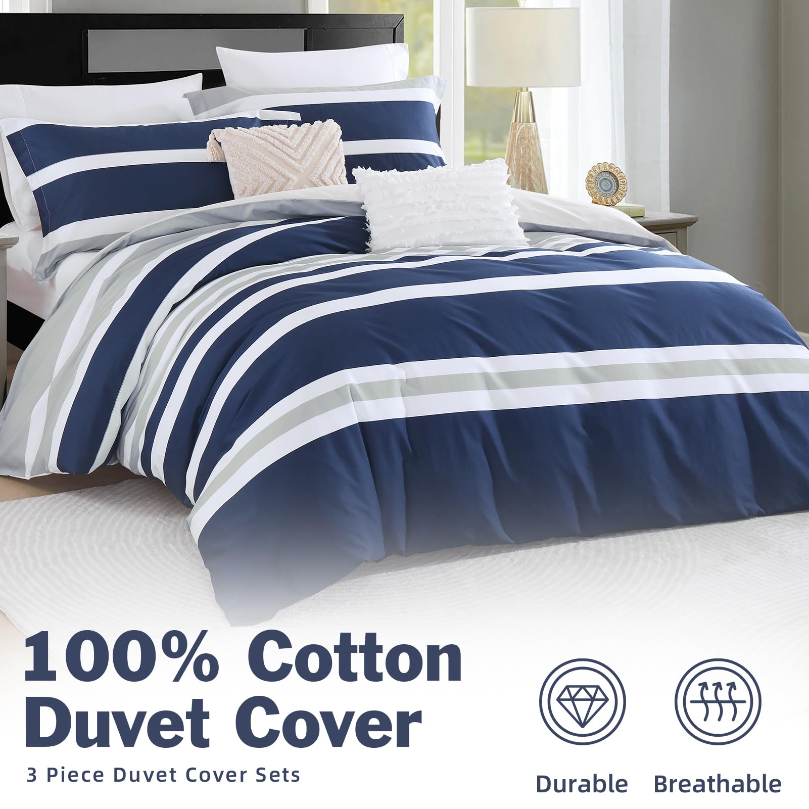 Juego de Funda nórdica de algodón EWlinens King Size - Azul - Imagen 3