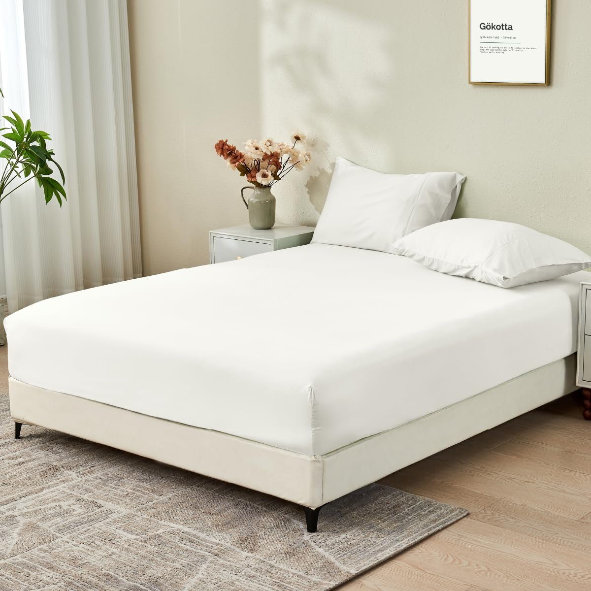 Juego de Sábana Ajustable de Bambú Rayón -Blanco Crema