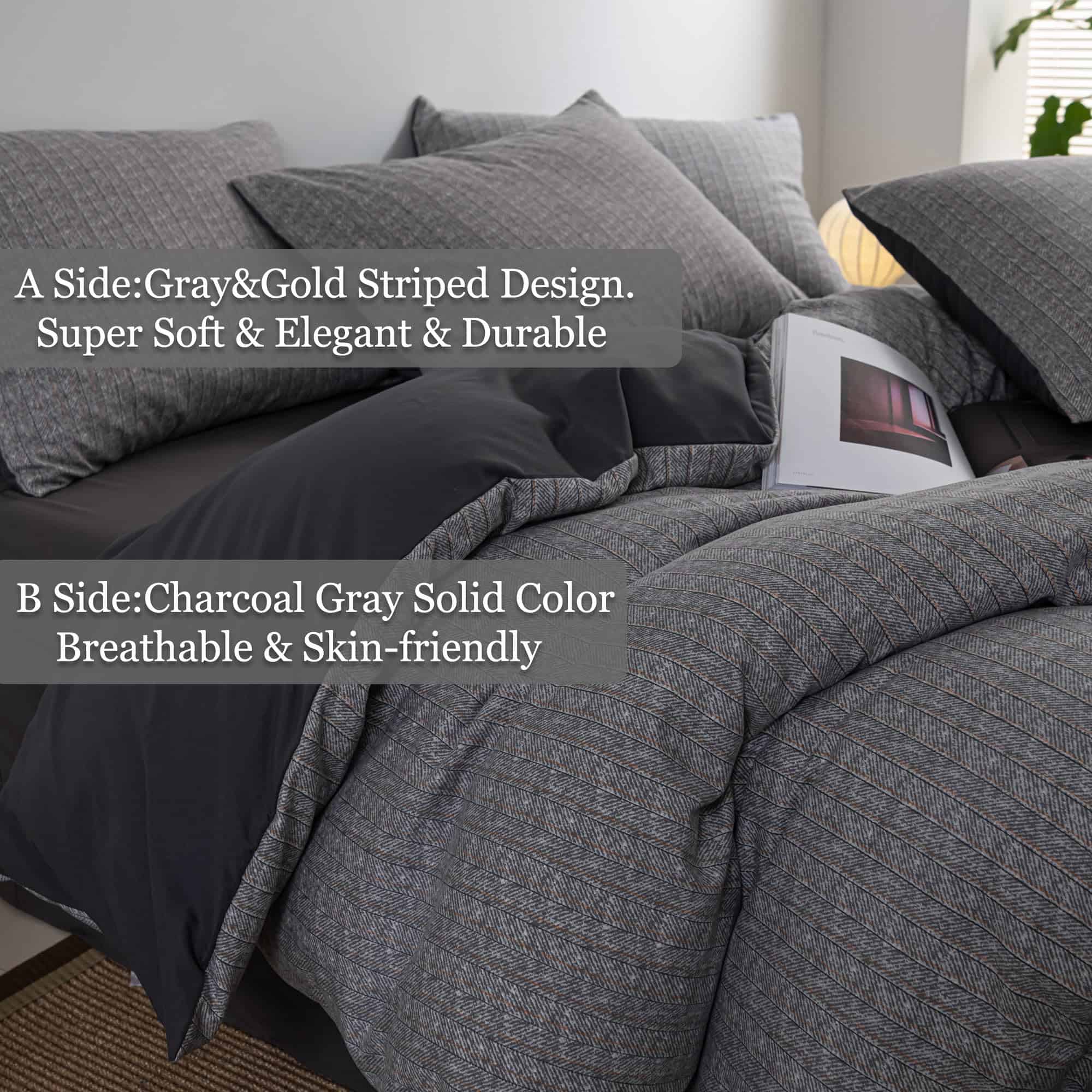 Juego de Funda de Edredón a Rayas Gris Frdhomi, Suave Tela - Imagen 6