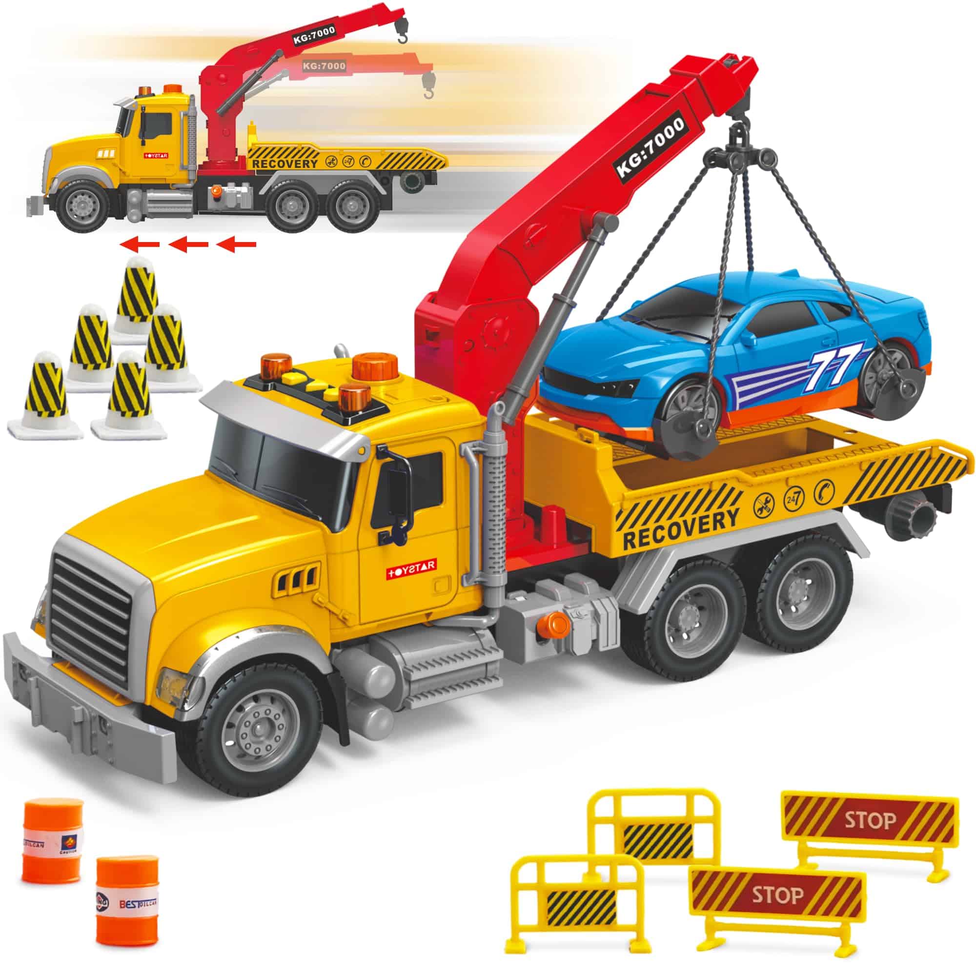 Juguete de Camión de Remolque con Plataforma Plana y Grúa