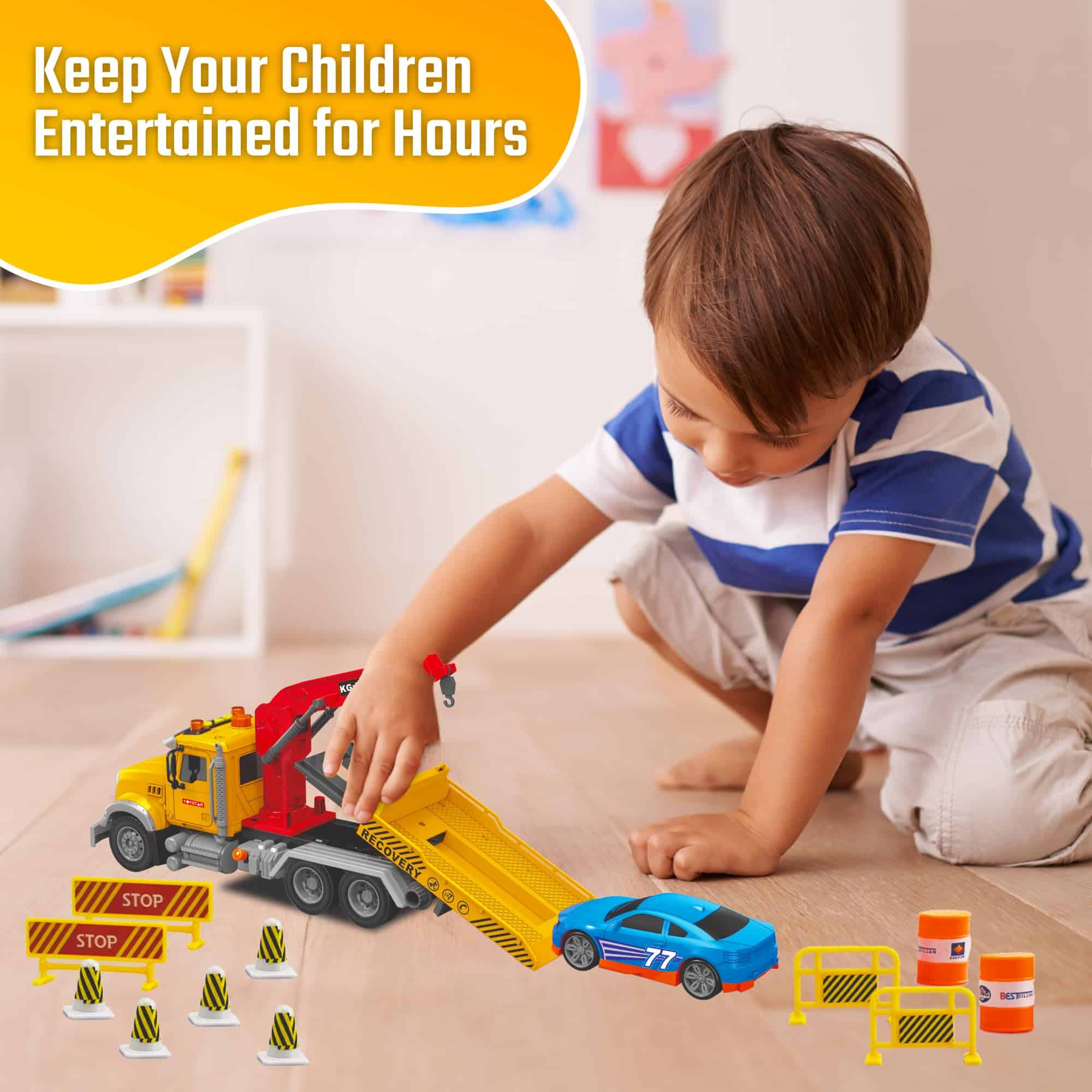 Juguete de Camión de Remolque con Plataforma Plana y Grúa - Imagen 5