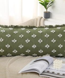 Funda de almohada lumbar larga Boho DRNOU -Verde Salvia