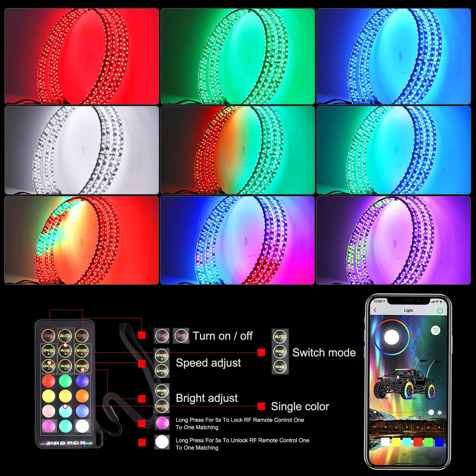 Luces de Aro de Rueda RGBW de 15.5 Pulgadas Beatto - Color - Imagen 4