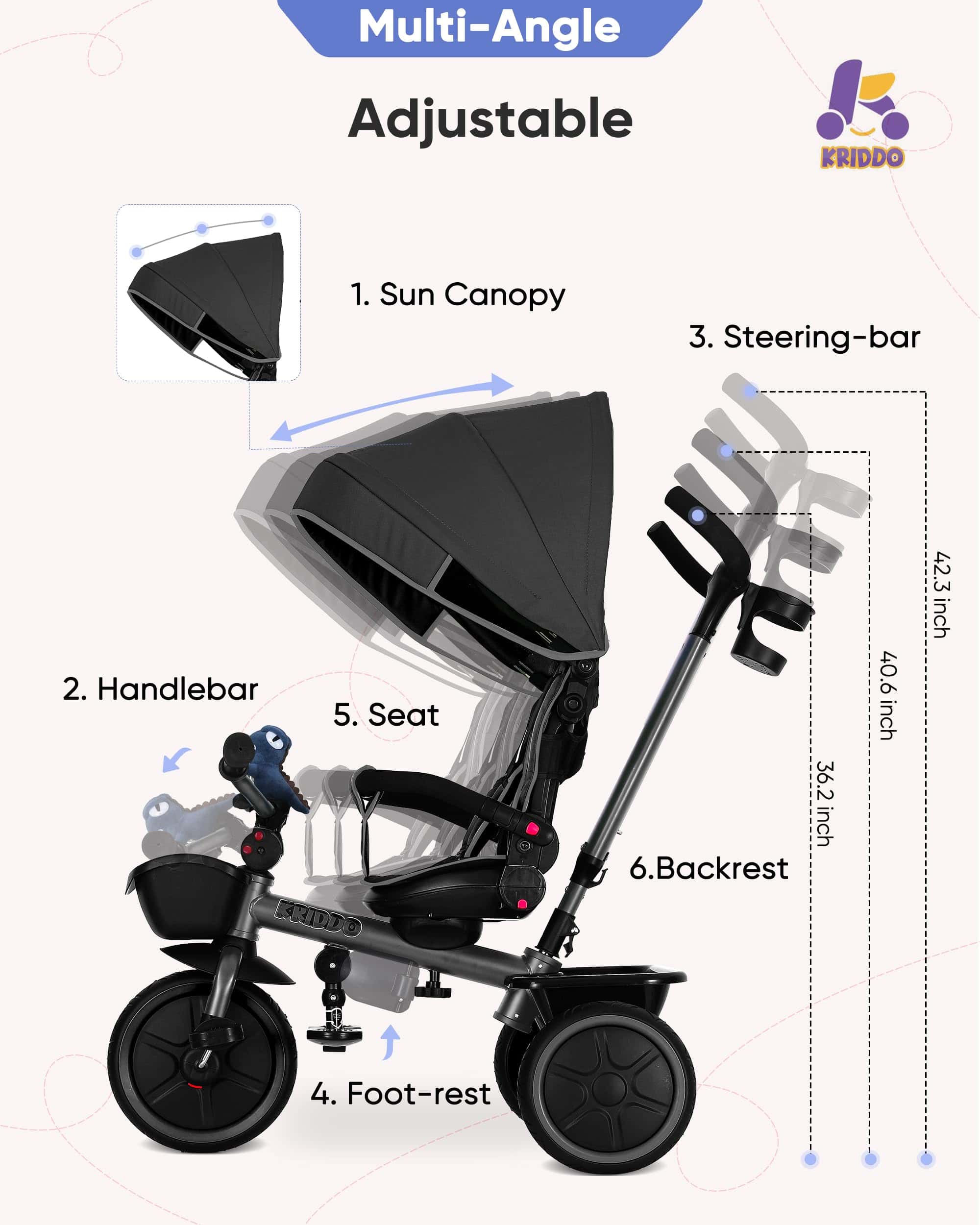 Triciclo Cochecito 7 en 1 KRIDDO para Niños de 18 Meses a 5 - Imagen 7