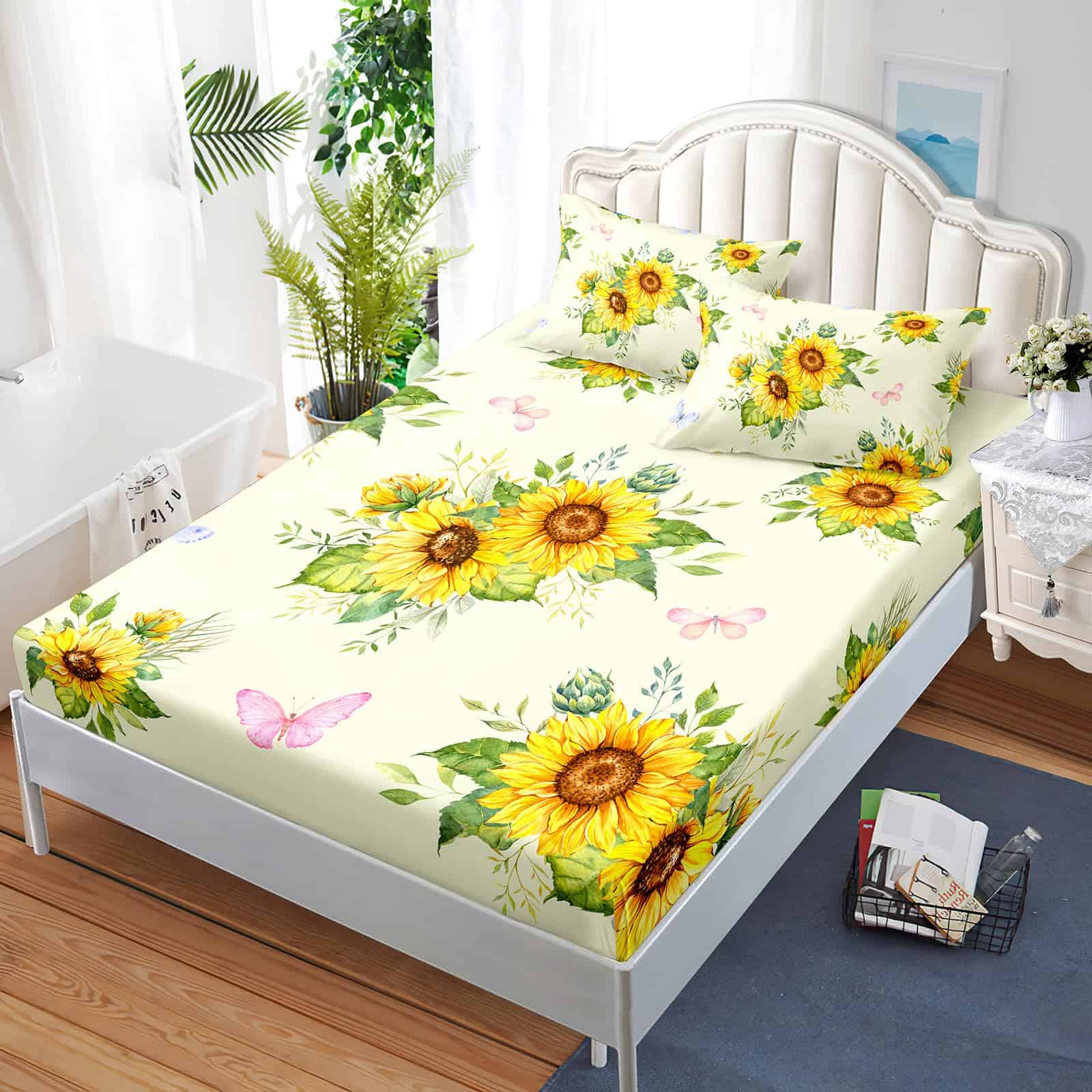 Juego de sábanas y fundas de cojín de girasol Nttopship en