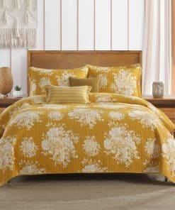Juego de edredón estampado floral amarillo PERHOM en tamaño