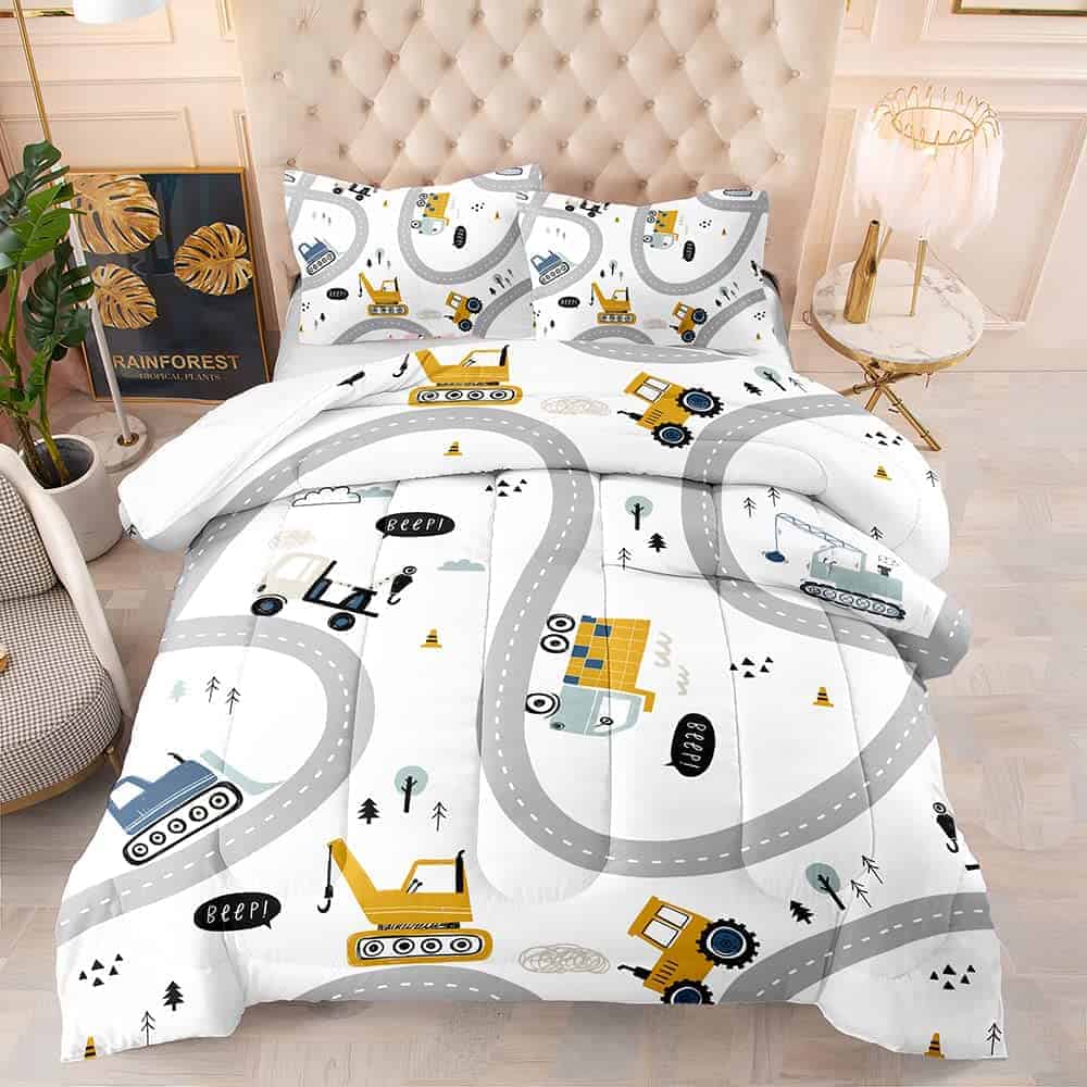 Edredón impreso con lindos camiones de construcción, set de