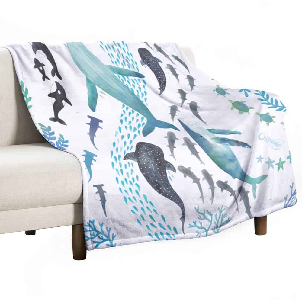 Manta de Lana de Coral con Tiburones, Ballenas Jorobadas,