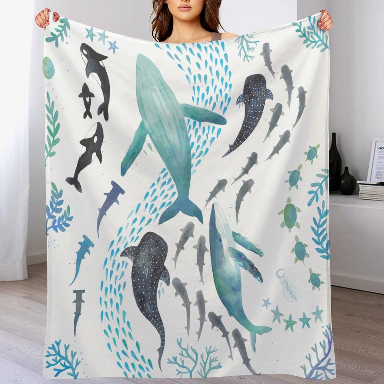 Manta de Lana de Coral con Tiburones, Ballenas Jorobadas, - Imagen 9