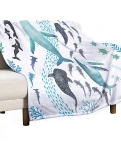 Cobija de lana de franela con diseño de tiburones, ballenas