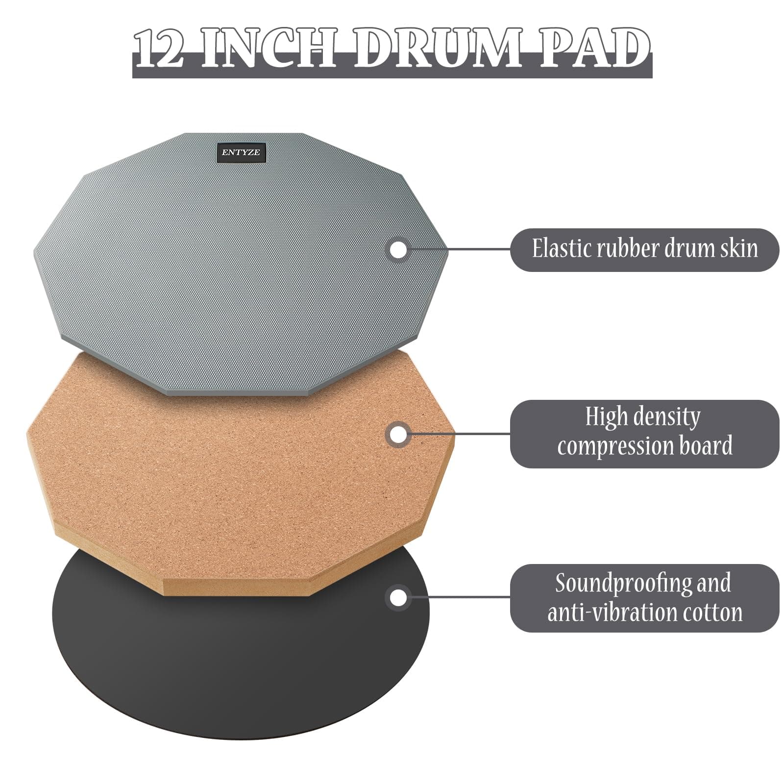 Pad de práctica de tambor ENTYZE, 12 pulgadas, Pad de - Imagen 3